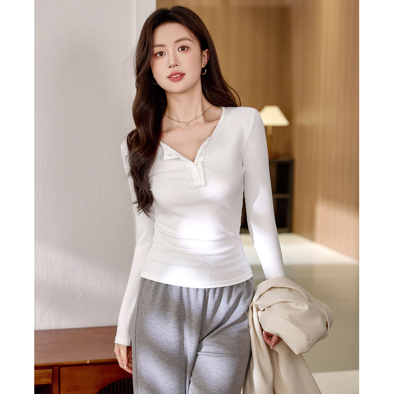 #Selection of high-quality products #Chic design button-up long-sleeved t-shirt women's 2026 autumn and winter new semi-open-necked pure cotton top