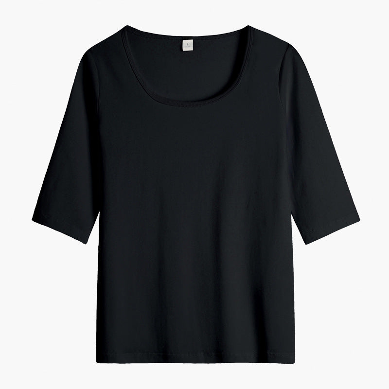 White cotton semi-turtleneck five-quarter-sleeved T-shirt women's medium-sleeved belly-covering bottoming shirt slim-fitting top temperament commuting