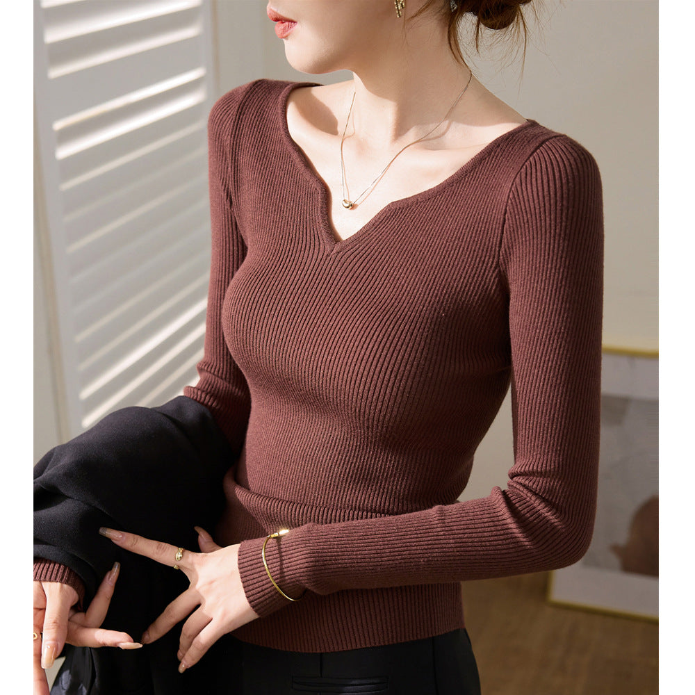 Peach heart neck sweater women's knitted sweater 2025 autumn and winter new slim-fitting and thin inner with warm wool thread long-sleeved top