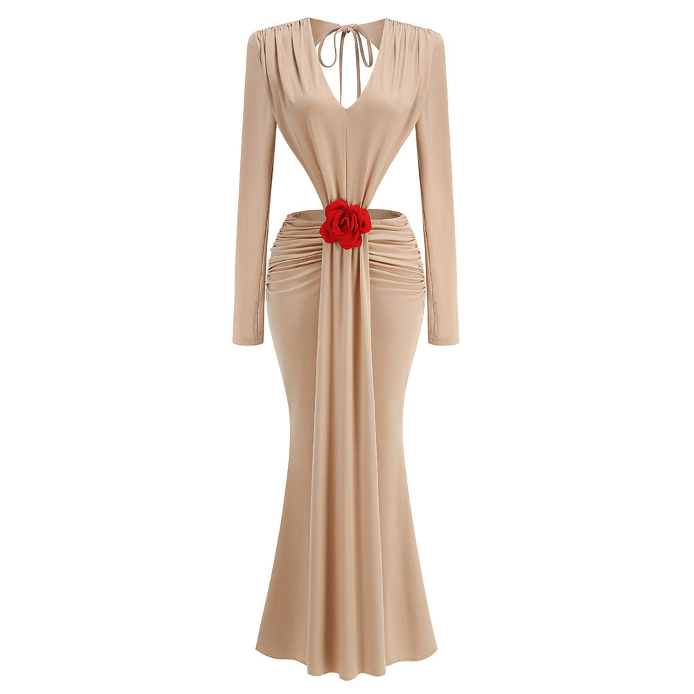 New V-neck backless long-sleeved skirt waist decorative flower split harpoon tail dress dress long solid color long dress