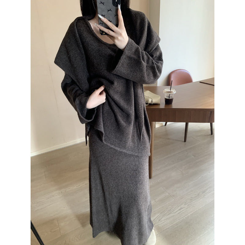 Knitted skirt women's 2025 autumn and winter high waist and thin casual versatile and thin drape long a-shaped skirt