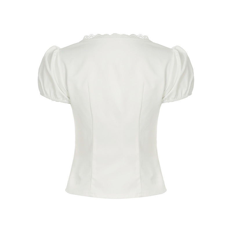 European and American light and mature style V-neck lace design single-breasted short-sleeved temperament slim and thin short bubble sleeve top T-shirt