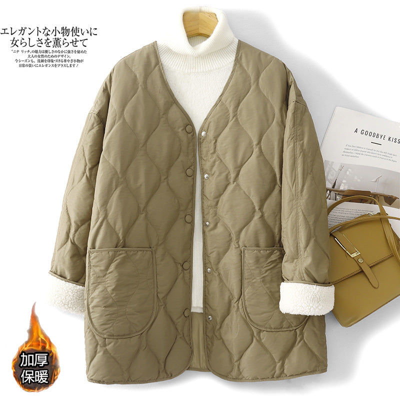 Winter 2025 new Korean version lamb wool splicing medium and long women's small light cotton jacket