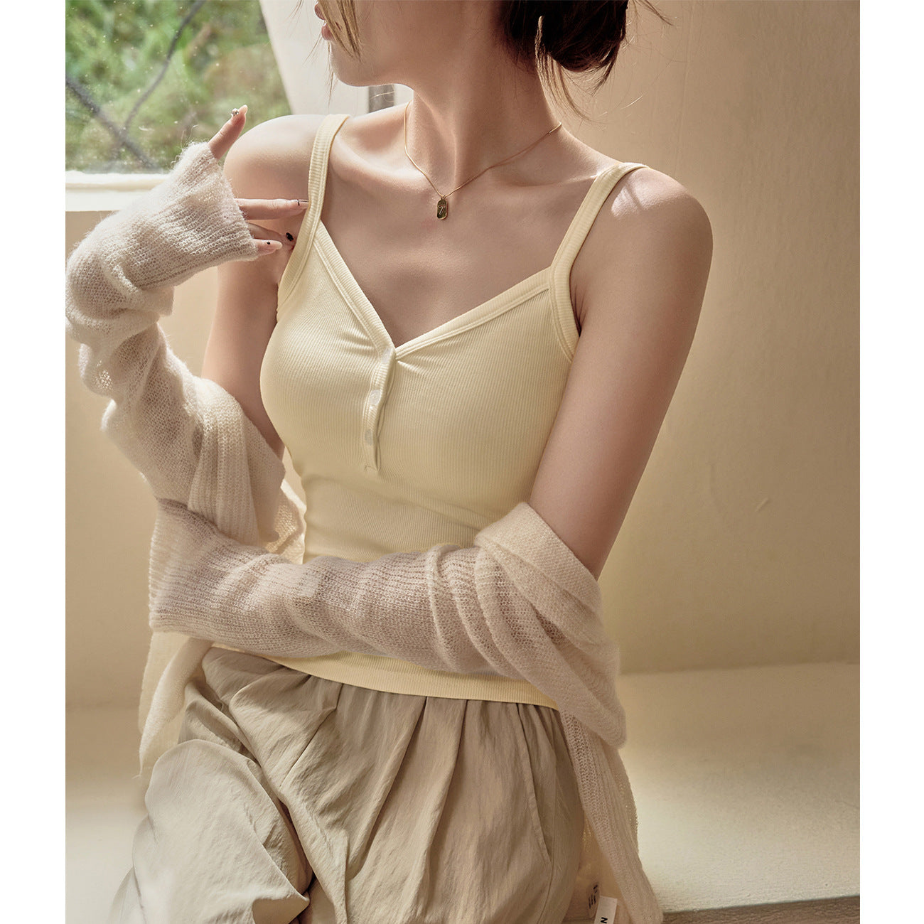 #Selection of high elastic cotton #Button V-neck sling vest women's summer 2026 new slim and thin pure desire inner top