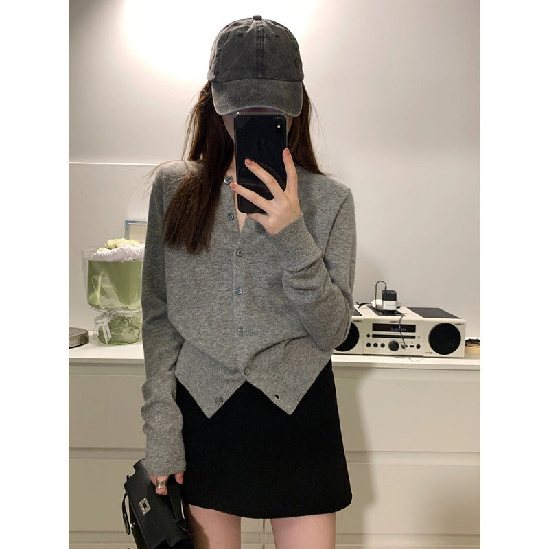 Premium Korean gray knitted cardigan women's spring and autumn temperament slim and thin outer cashmere sweater jacket top