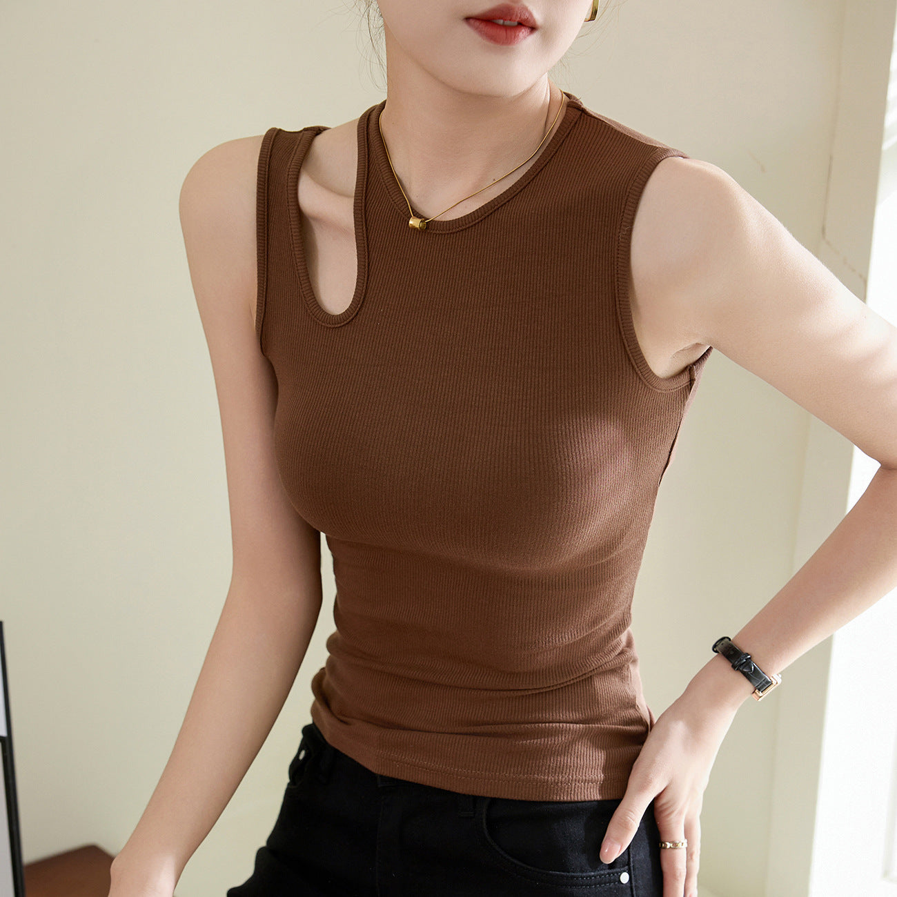 [Selection of good materials] American design sense hollow vest women's summer 2026 new high elastic threaded cotton tight T-shirt