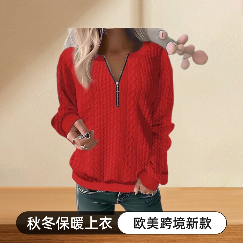 2025 European and American cross-border Amazon independent station autumn and winter new women's clothing long-sleeved solid color V-neck zipper T-shirt top