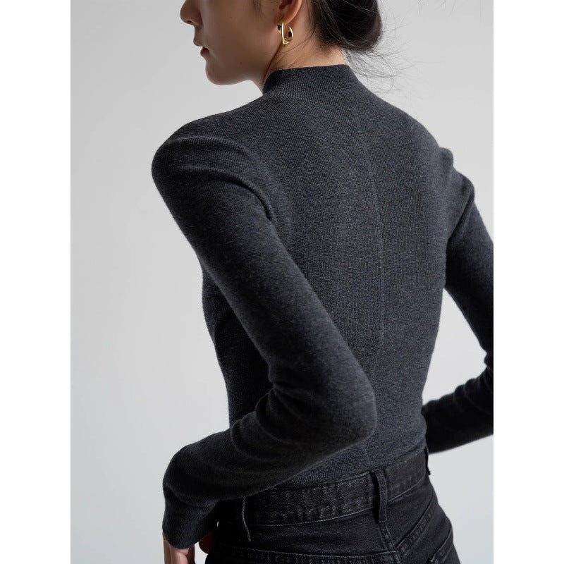 SHALLOW STREAMS autumn and winter seamless one-piece dark gray semi-turtleneck wool knitted sweater women's bottoming shirt top