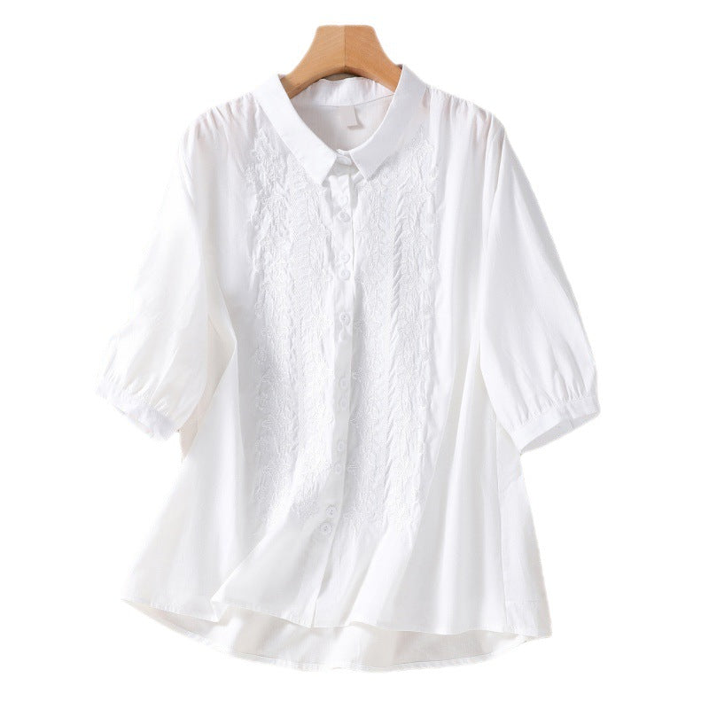 Real shot 2025 summer new literary loose embroidery flower lapel seven-quarter sleeve shirt blouse top #8360