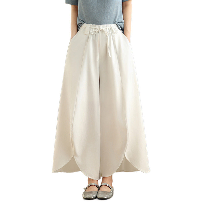 Real shot 2025 summer new casual large size loose solid color elastic waist wide leg pants nine-point pants women #9062