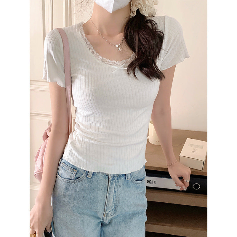 Ballet style pure lace U-neck T-shirt women's 2026 summer new retro short-sleeved curled edge bottoming shirt top