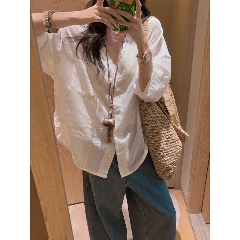 Yukiss old money wind tencel linen white lace splicing shirt women's summer Korean loose thin sunscreen shirt