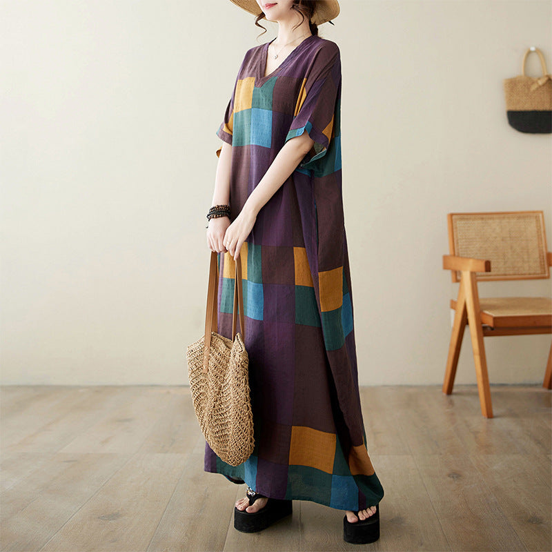 Real shot 2024 summer V-neck cotton and linen large size loose literary holiday wind beach skirt retro long robe woman