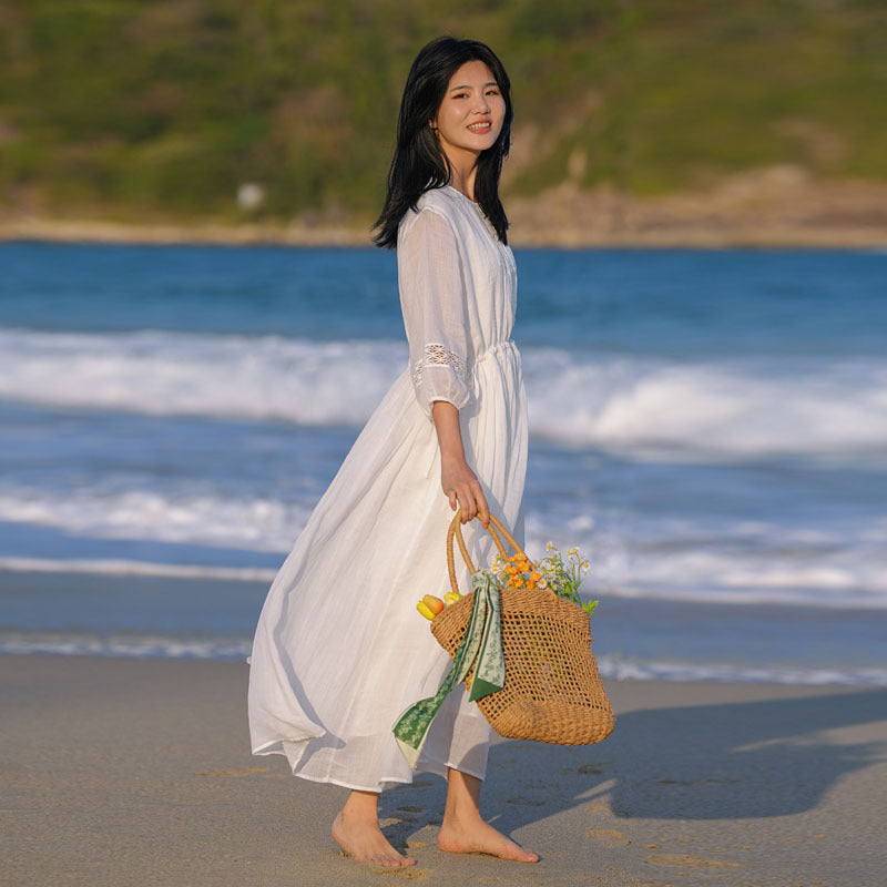 2025 summer new literary loose large size elegant pendulum solid color seven-quarter sleeve dress women's beach dress #701