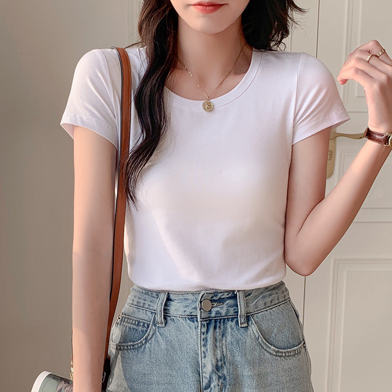 Pure cotton white round neck slim short-sleeved t-shirt women's 2025 summer new versatile slim top fashion ins t-shirt