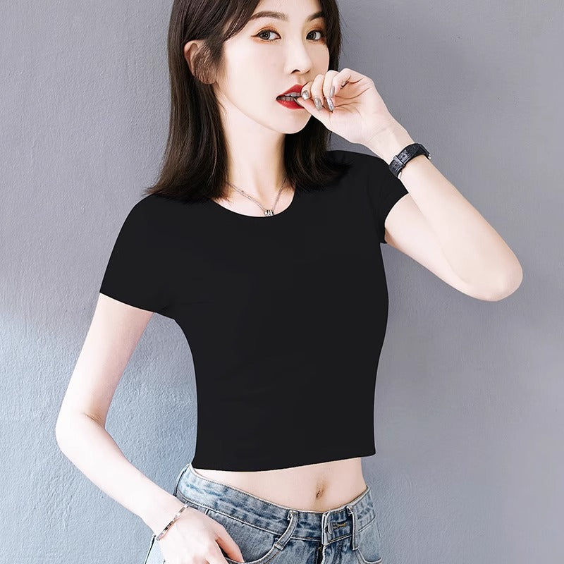 White sexy high-waisted short-sleeved t-shirt women's summer new slim-fitting and thin pure lust style versatile navel short top