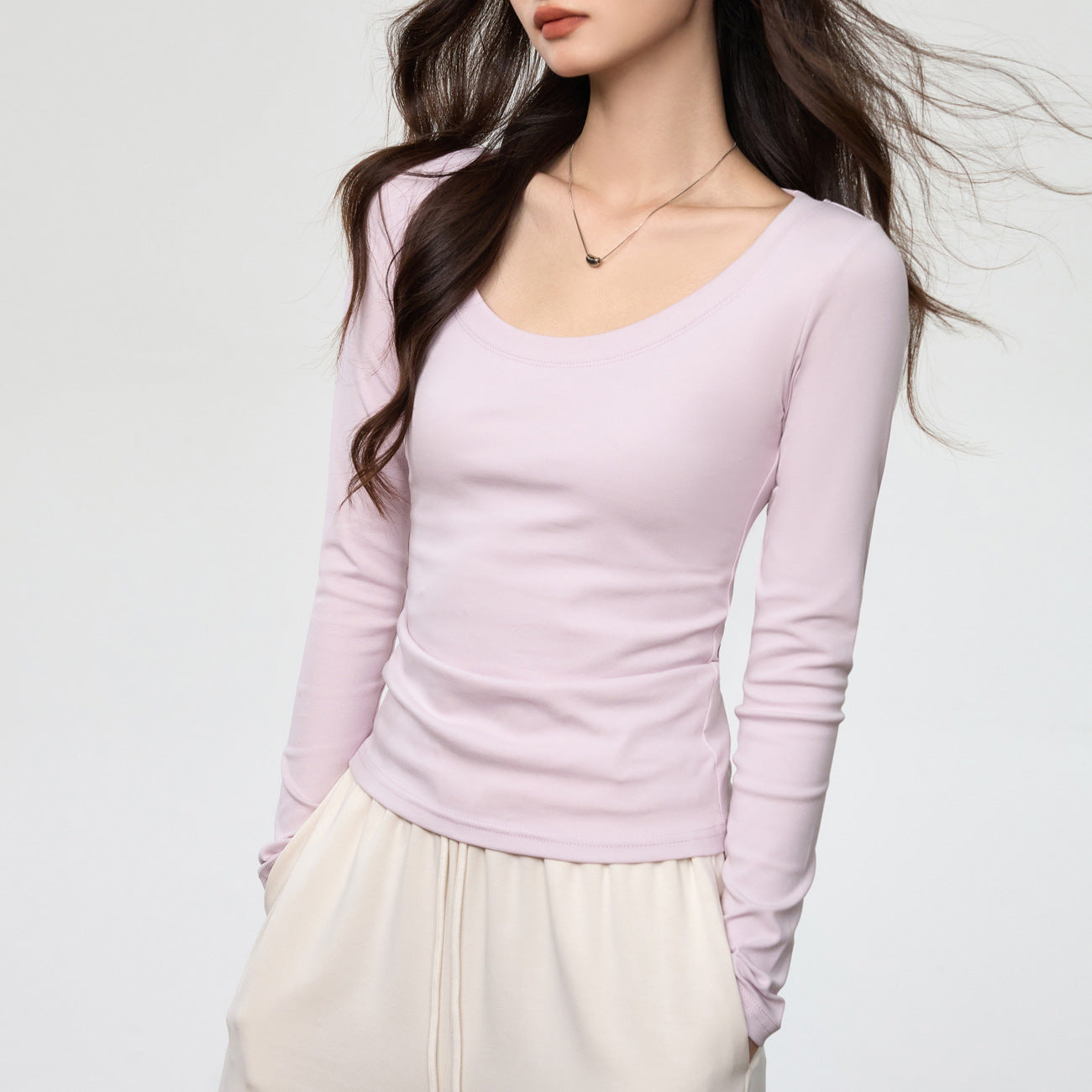 Combed pure cotton bottoming shirt women's autumn new foreign style U-neck long-sleeved t-shirt slim-fitting versatile simple solid color inner top