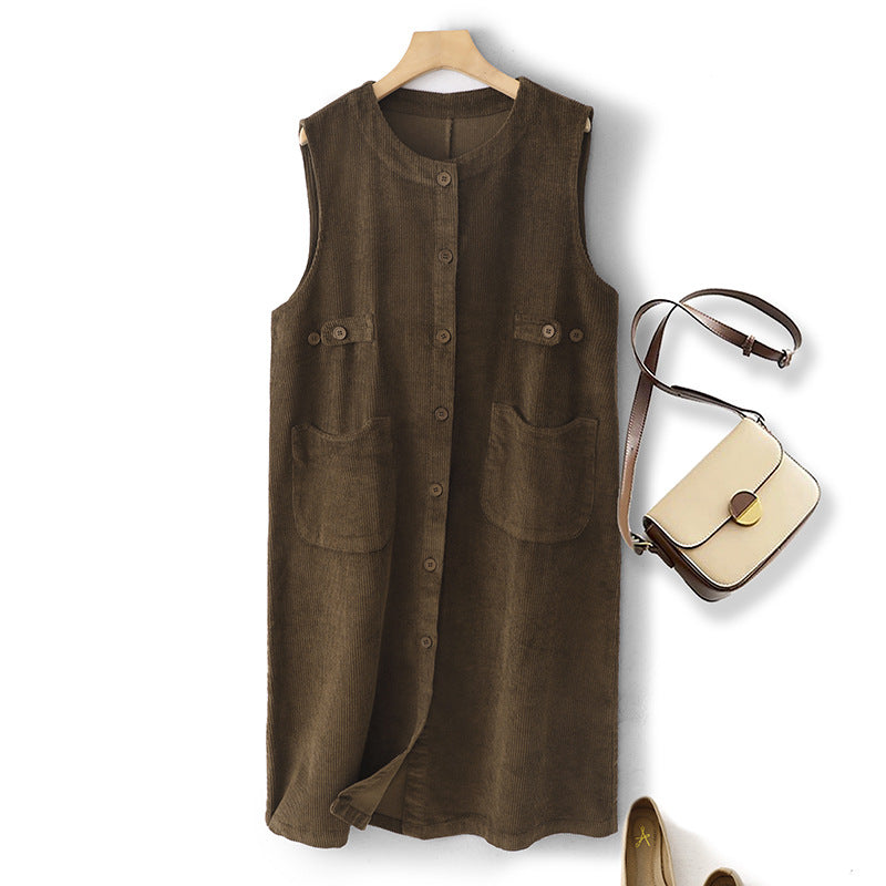 Retro solid color corduroy sleeveless dress women's autumn 2025 new medium and long cardigan vest skirt