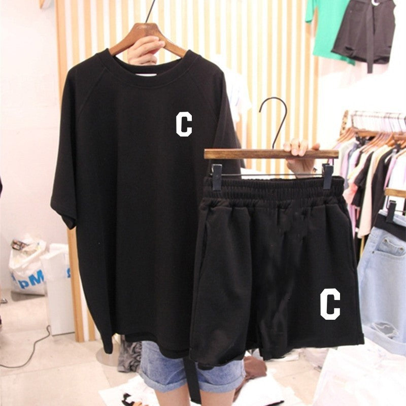 Horn sleeves casual sports suit women's clothing summer thin summer clothing running fashion foreign style short-sleeved shorts two-piece set