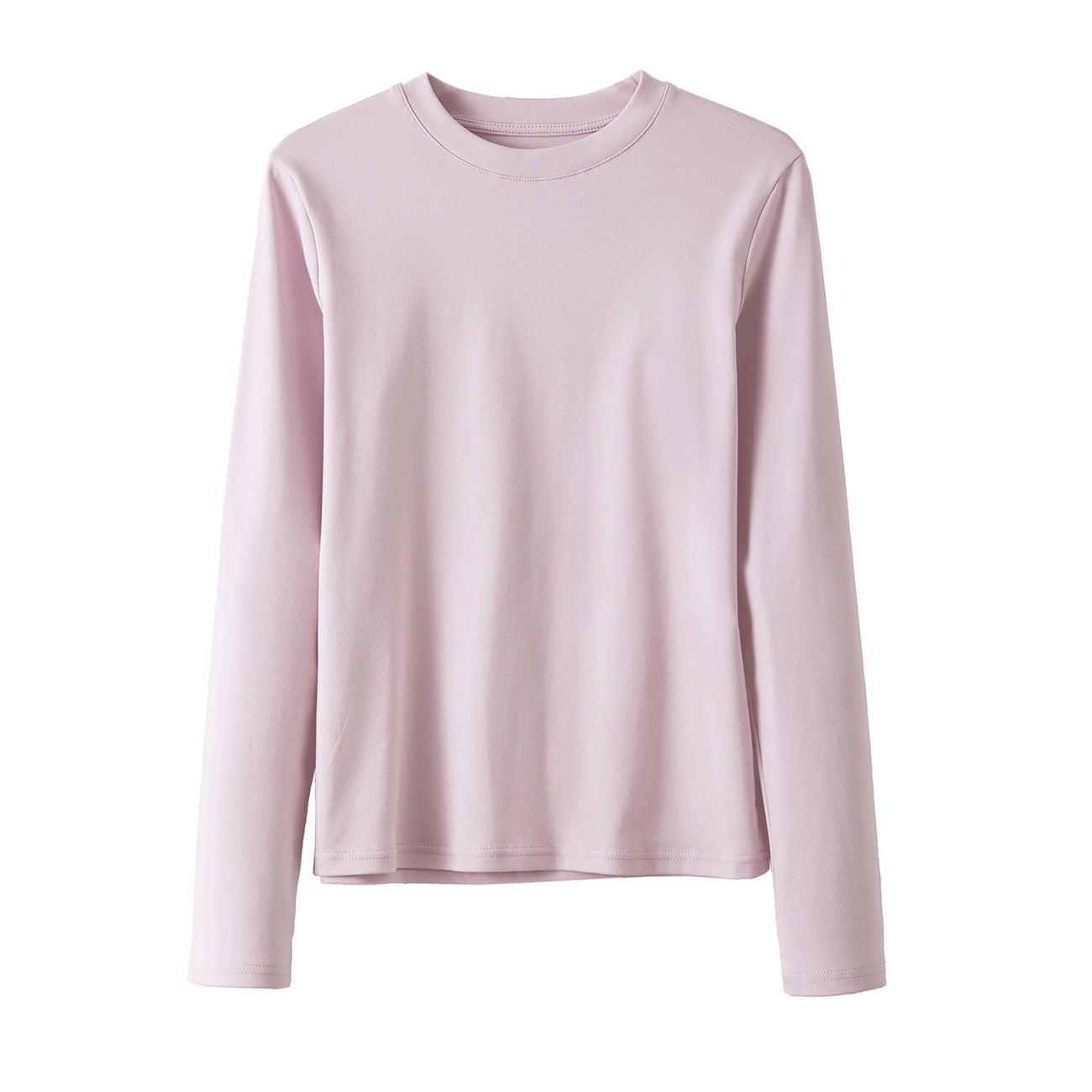 40 combed pure cotton, loose straight T-shirt women's semi-high round neck long-sleeved bottoming shirt solid color versatile pink top