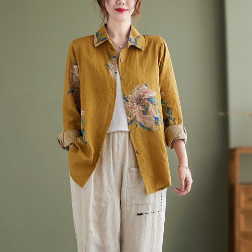 Real shot, spring 2025 new literary loose printing lapel long-sleeved shirt women's shirt top #8168