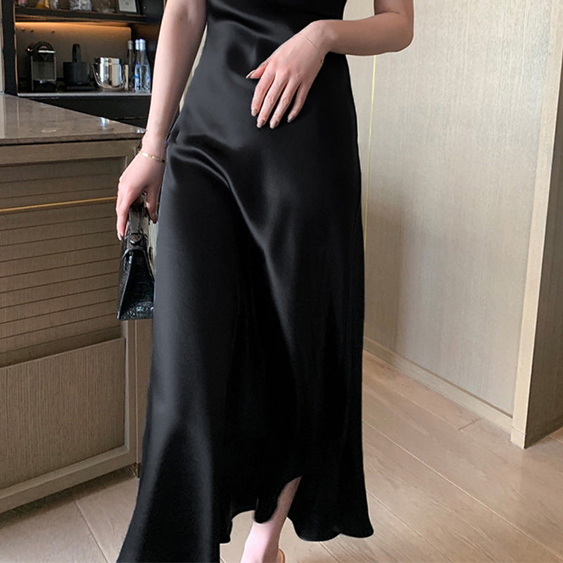 New Chinese acetic acid satin sleeveless dress for women's summer waist temperament versatile slit skirt looking thin commuting