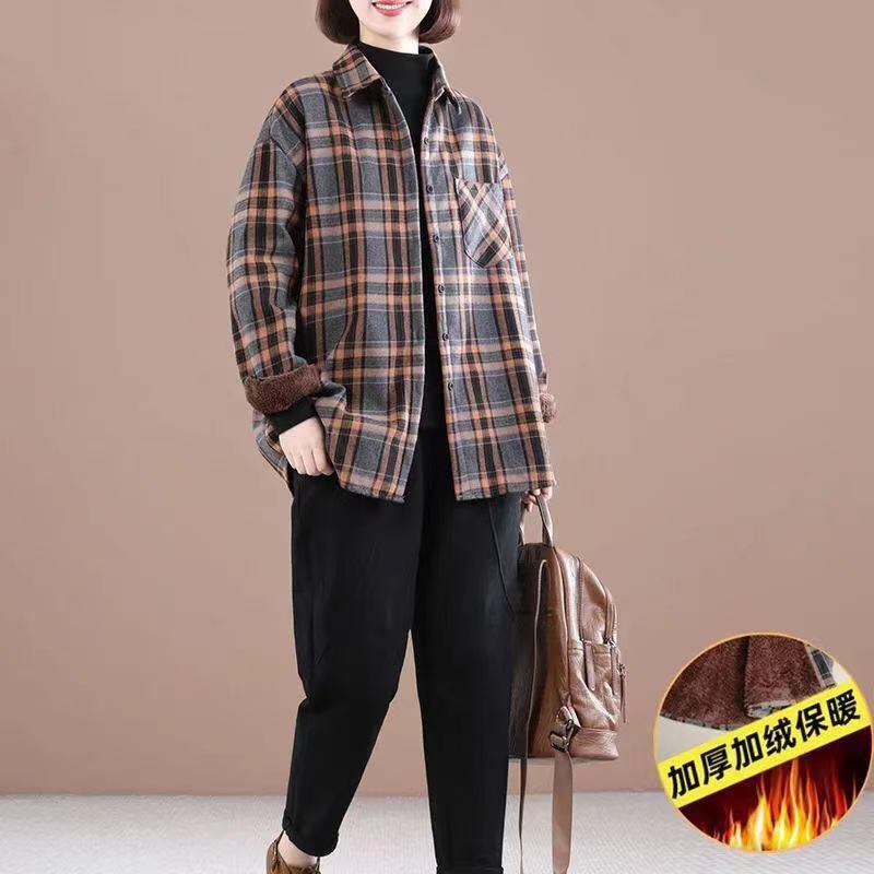 Foreign trade women's clothing 2025 autumn and winter new cotton and linen piled thickened plaid shirt jacket