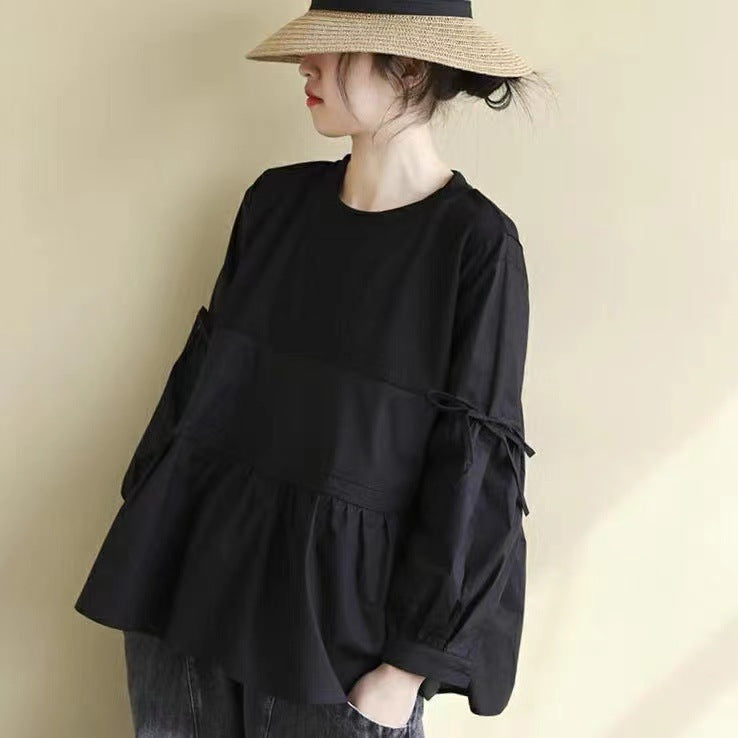 2025 spring new literary loose splicing solid color round neck long-sleeved T-shirt women's lace-up doll shirt top 6232 #