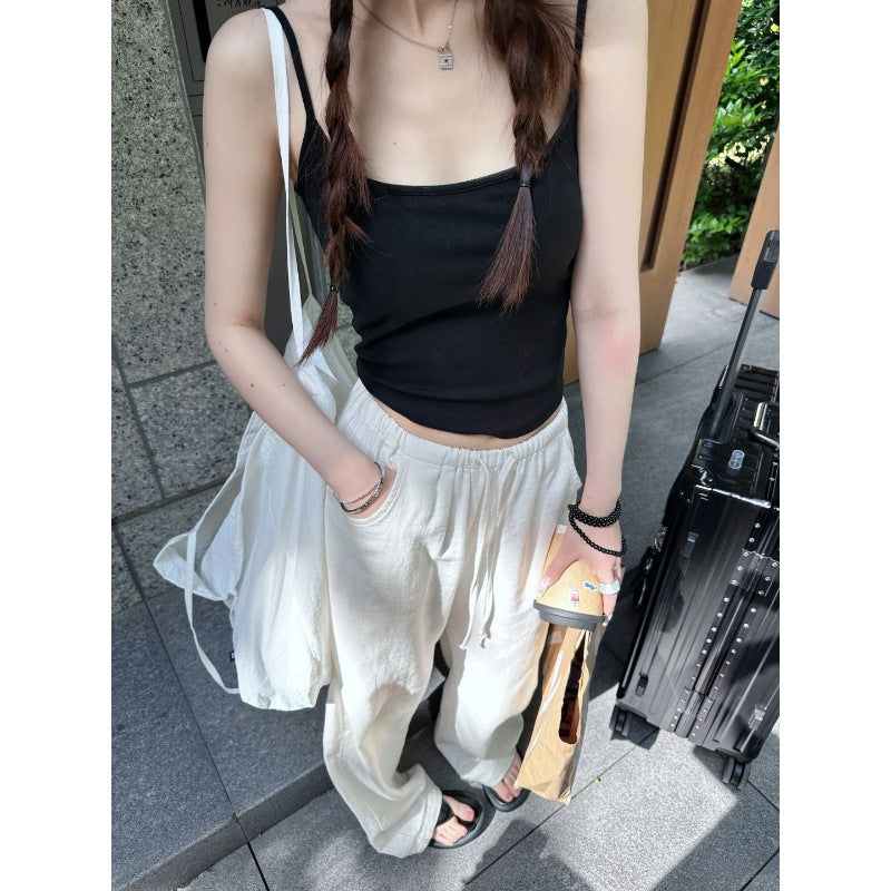 Washed ramie pants 2025 summer elastic waist drawstring casual cotton and linen wide-leg pants women's old money wind thin linen pants