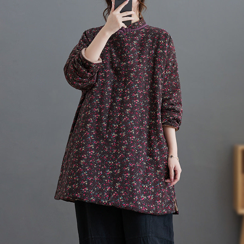 Real shot in the winter of 2025, new floral padded cotton, thickened disc buckle, retro and improved medium and long padded jacket.