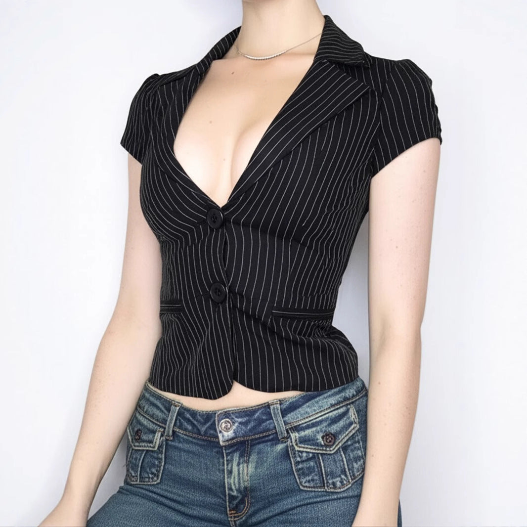 BM American Spice Girl Deep V Lapel Striped Shirt Two Button Cardigan Waist Short Sleeve Commuter Basic Suit