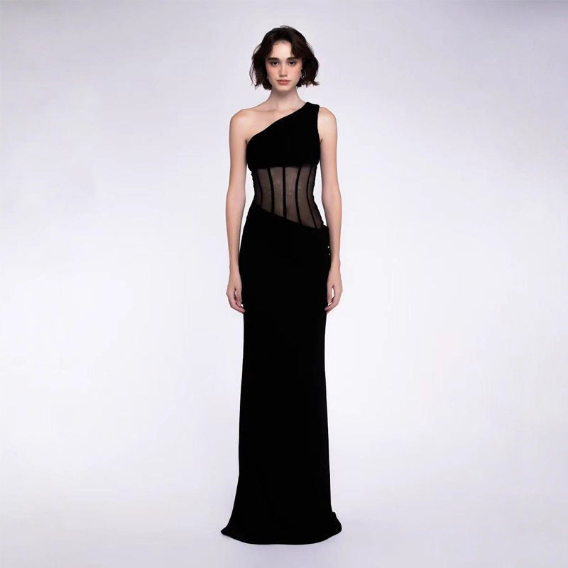 Cross-border European and American stars have the same women's temperament, one-shoulder party evening dress, high-end mesh fishbone waist dress