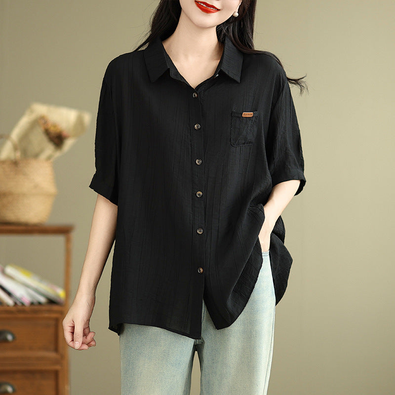 Real shot 2025 summer new literary loose solid color lapel short-sleeved shirt women's shirt top #5969