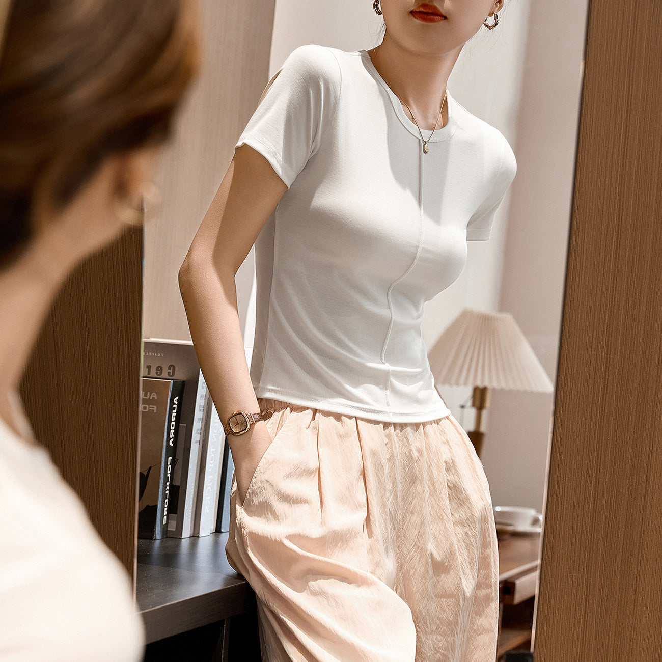 #Tencel Lyocell cotton, Zhen quality #bright line design T-shirt women's short-sleeved tight-fitting inner round neck top