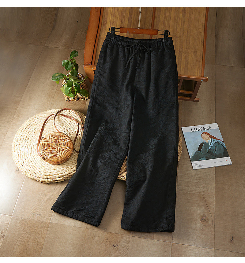 Real shot new Chinese jacquard 2025 winter national style retro loose and thin casual thickened cotton-padded wide-leg pants outer wear