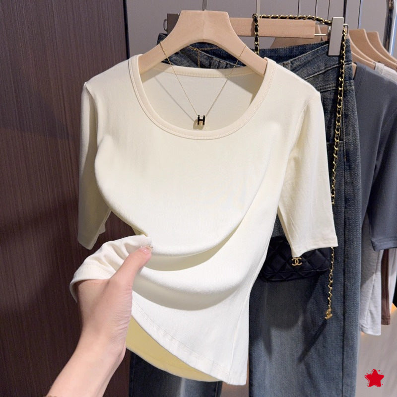 Dark gray round neck five-quarter-sleeved bottoming shirt T-shirt women's spring and autumn threaded half-sleeved U-neck medium-sleeved front shoulder top shirt