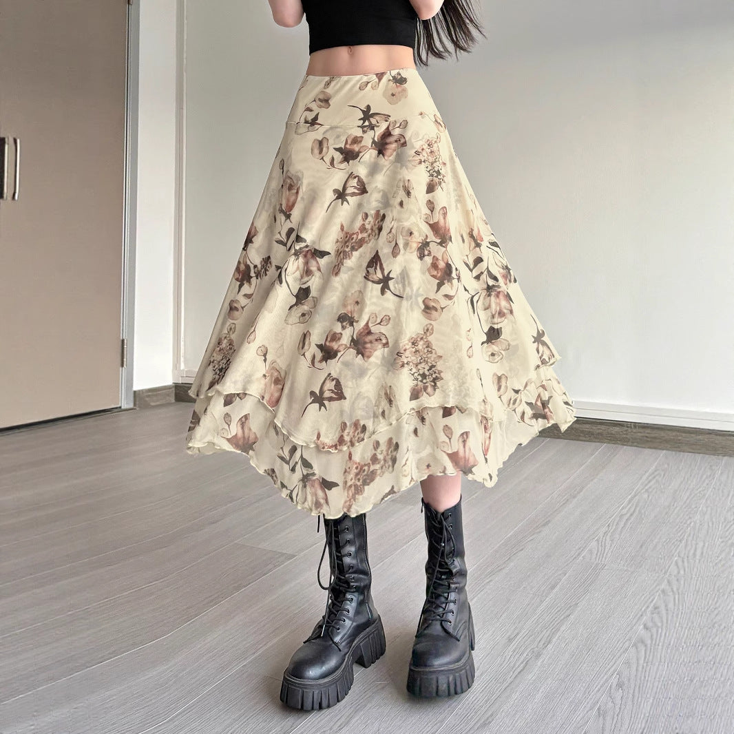 Love cloth forget to be careful, Spice Girl wind floral ruffle edge irregular long skirt, holiday wind light mesh skirt