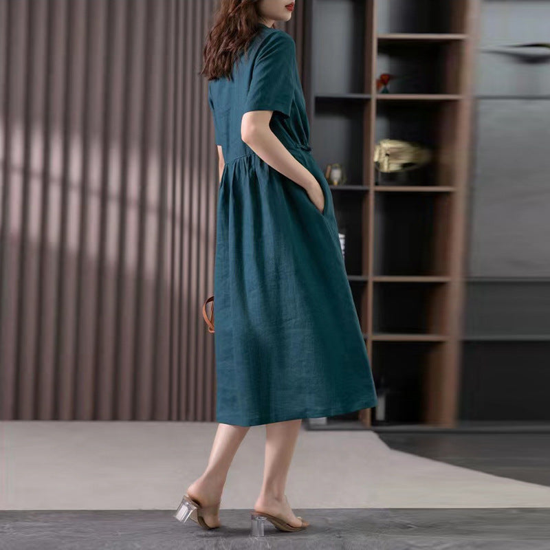 2024 summer new literary loose splicing solid color cotton and linen lapel short-sleeved dress women's medium and long #6536