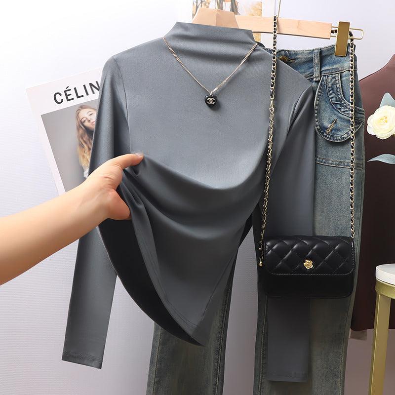 Black threaded semi-turtleneck long-sleeved bottoming shirt for women's 2025 autumn and winter new models with high-end fleece thickened top inside