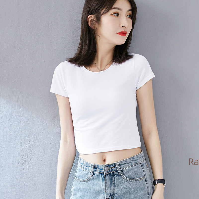 Pure cotton tight-fitting off-the-navel short-sleeved t-shirt Spice Girl style high-waisted short Korean version solid color unique and beautiful summer top