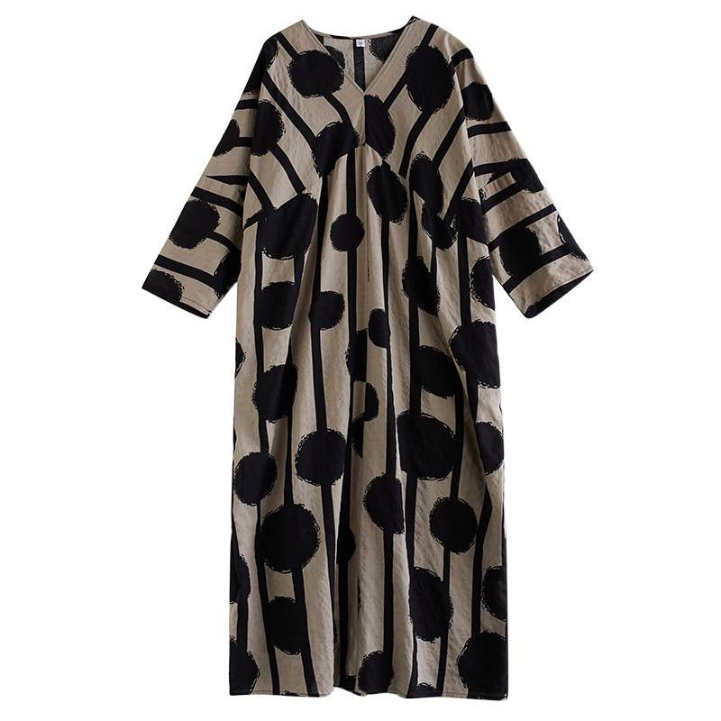 Real shot 2025 autumn new large size long-sleeved sunscreen v-neck thin cotton and linen printing loose and thin dress women