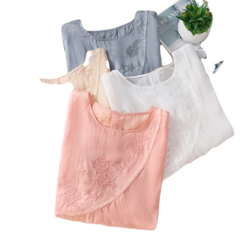 Real shot 2024 summer new literary loose cotton and linen embroidered flower round neck short-sleeved T-shirt women's top #9055