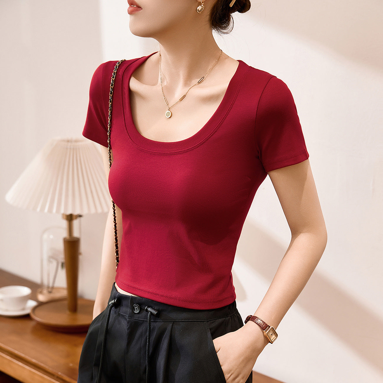 #Combed pure cotton #High waist short T-shirt women's summer 2026 new slim and thin versatile top short-sleeved bottoming shirt