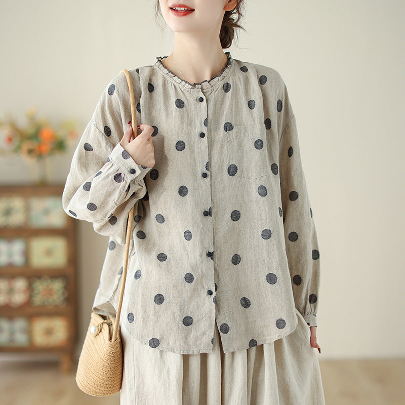 Real shot 2024 autumn new retro national style polka dot cotton and linen long-sleeved fungus collar shirt top women #9076
