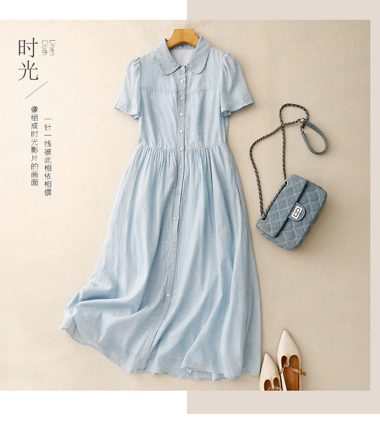 Real shot 2025 summer new cotton and linen literary loose casual large size doll collar dress women's clothing