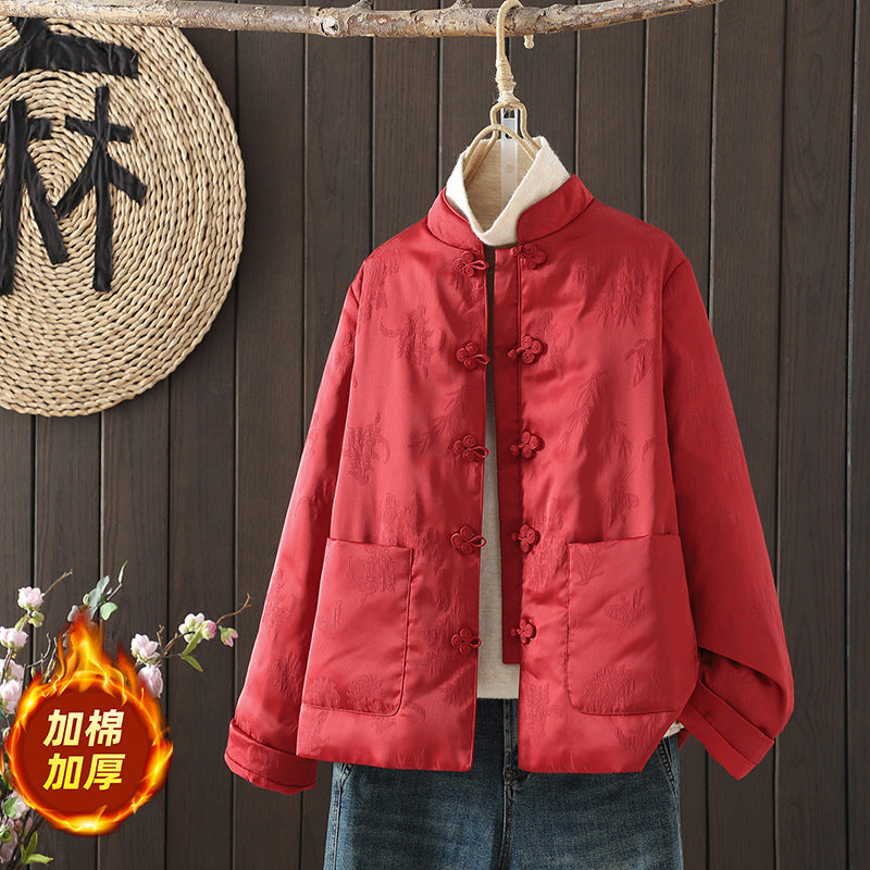 Real shot 2025 winter new literary New Year's greeting clothes new Chinese style cotton clothes satin jacquard jacket women's clothing