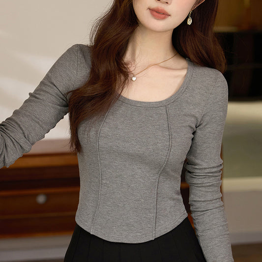 #Quality screening product #polished high-waisted short T-shirt women's big U-neck autumn new long-sleeved Spice Girl exposed navel thin velvet top