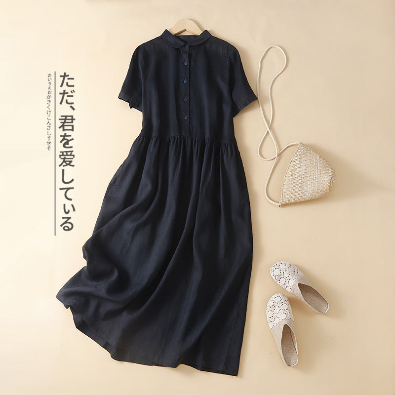 Real shot 2025 summer new literary loose splicing solid color cotton and linen short-sleeved dress women's medium and long shirt skirt