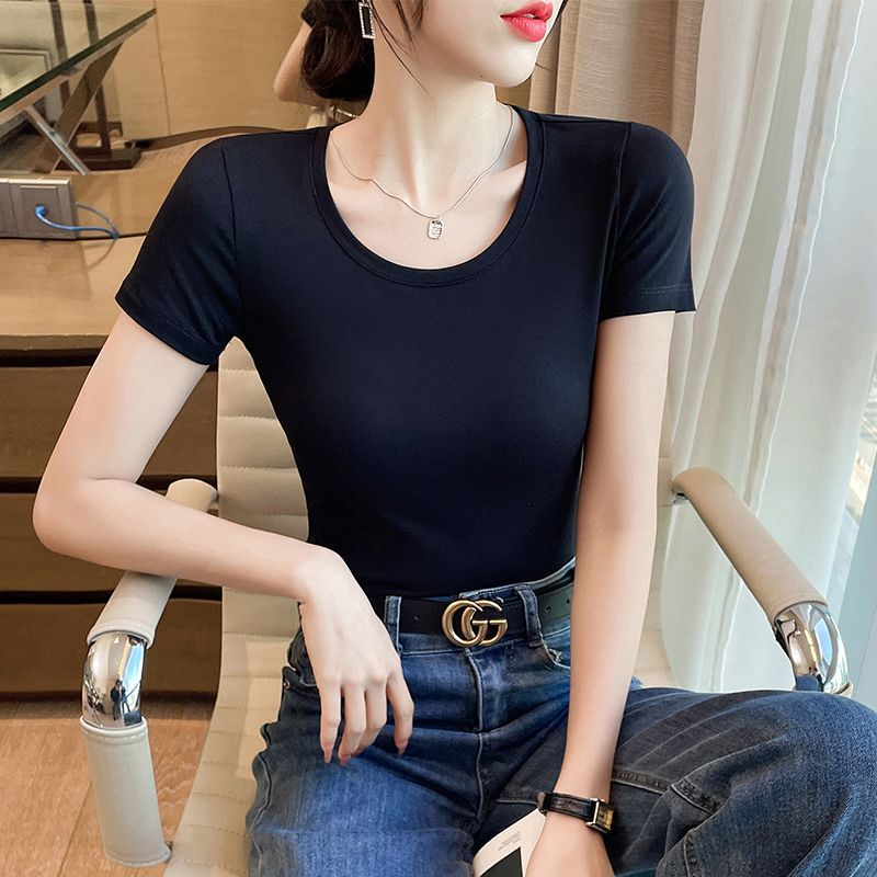 Lotus root pink short-sleeved t-shirt women's pure cotton summer beautiful small top summer ootd wear summer versatile bottoming shirt