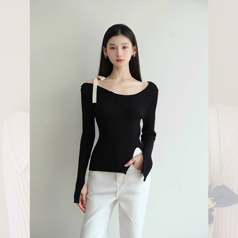 Pink irregular one-word shoulder long-sleeved knitted sweater women's spring and autumn short bottoming shirt temperament with split top